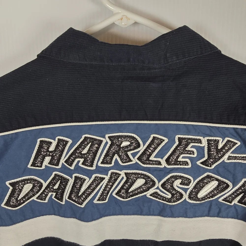 Harley-Davidson Men's Vintage Blue and Black Button Down Shirt Size L Moto - Picture 13 of 14